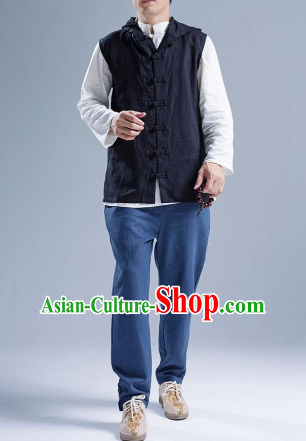 Traditional Top Chinese National Tang Suits Linen Front Opening Costume, Martial Arts Kung Fu Black Hooded Vests, Kung fu Plate Buttons Upper Outer Garment Waistcoat, Chinese Taichi Vest Wushu Clothing for Men