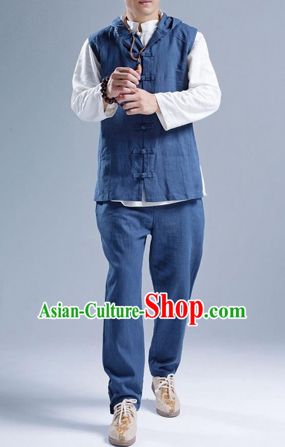 Traditional Top Chinese National Tang Suits Linen Front Opening Costume, Martial Arts Kung Fu Navy Hooded Vests, Kung fu Plate Buttons Upper Outer Garment Waistcoat, Chinese Taichi Vest Wushu Clothing for Men