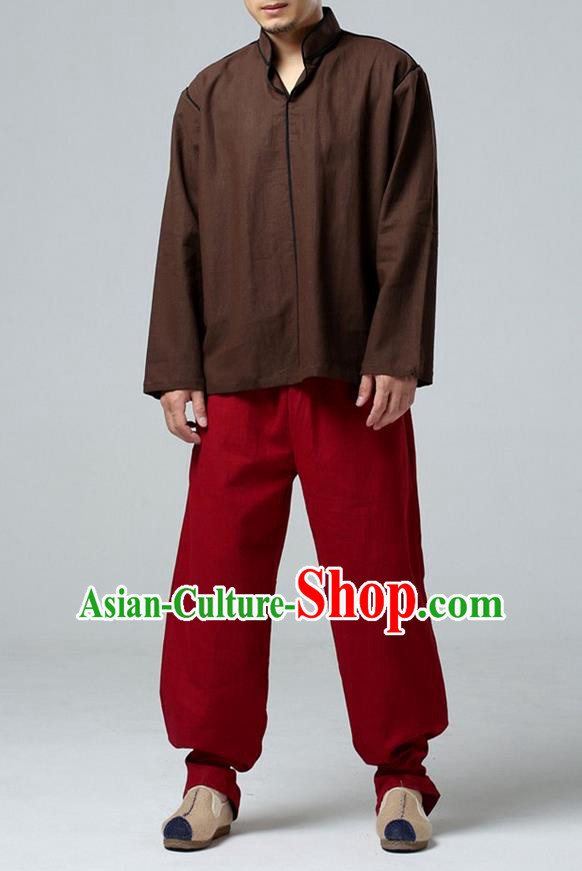 Traditional Top Chinese National Tang Suits Linen Costume, Martial Arts Kung Fu Stand Collar Brown T-Shirt, Chinese Kung fu Upper Outer Garment Blouse, Chinese Taichi Shirts Wushu Clothing for Men