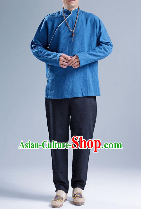 Traditional Top Chinese National Tang Suits Linen Slant Opening Costume, Martial Arts Kung Fu Stand Collar Deep Blue Shirt, Chinese Kung fu Upper Outer Garment Blouse, Chinese Taichi Shirts Wushu Clothing for Men