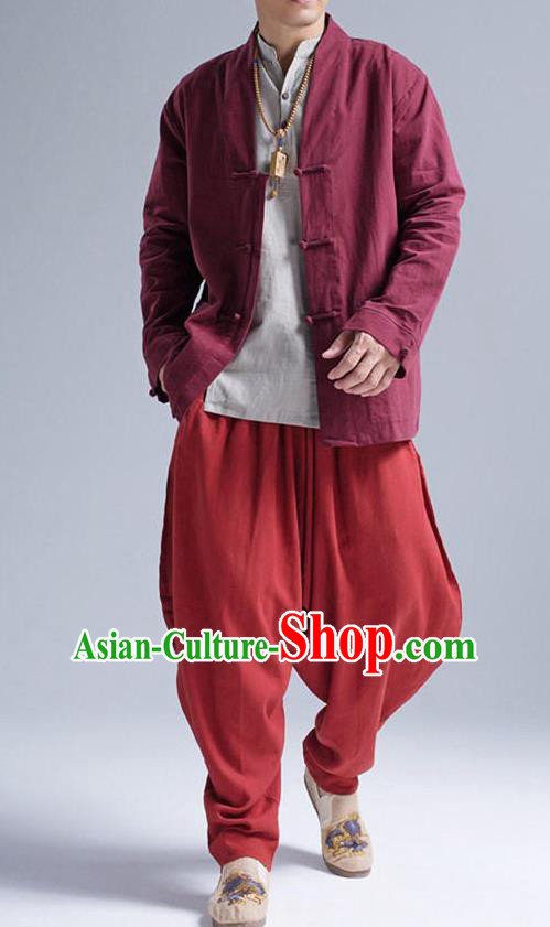 Traditional Top Chinese National Tang Suits Linen Front Opening Costume, Martial Arts Kung Fu Red Coats, Chinese Kung fu Plate Buttons Jacket, Chinese Taichi Short Coats Wushu Cardigan Clothing for Men