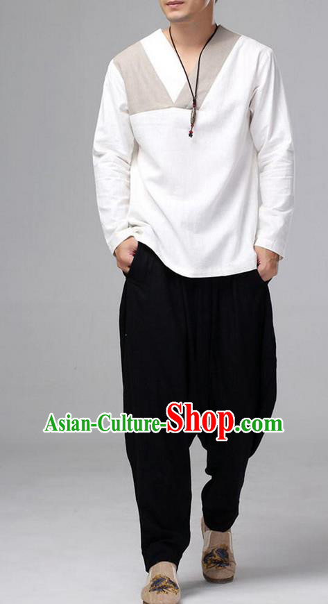 Traditional Top Chinese National Tang Suits Linen Costume, Martial Arts Kung Fu Long Sleeve White T-Shirt, Chinese Kung fu Upper Outer Garment Blouse, Chinese Taichi Shirts Wushu Clothing for Men