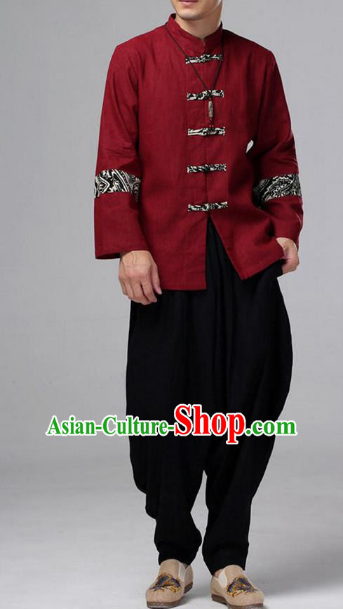 Traditional Top Chinese National Tang Suits Linen Front Opening Costume, Martial Arts Kung Fu Pattern Red Overcoat, Kung fu Plate Buttons Thin Upper Outer Garment Jacket, Chinese Taichi Thin Coats Wushu Clothing for Men