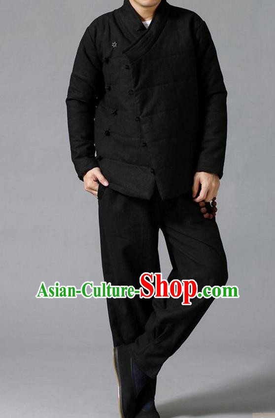 Traditional Top Chinese National Tang Suits Linen Slant Opening Costume, Martial Arts Kung Fu Black Overcoat, Chinese Kung fu Plate Buttons Upper Outer Garment Jacket, Chinese Taichi Thin Cotton-Padded Coats Wushu Clothing for Men