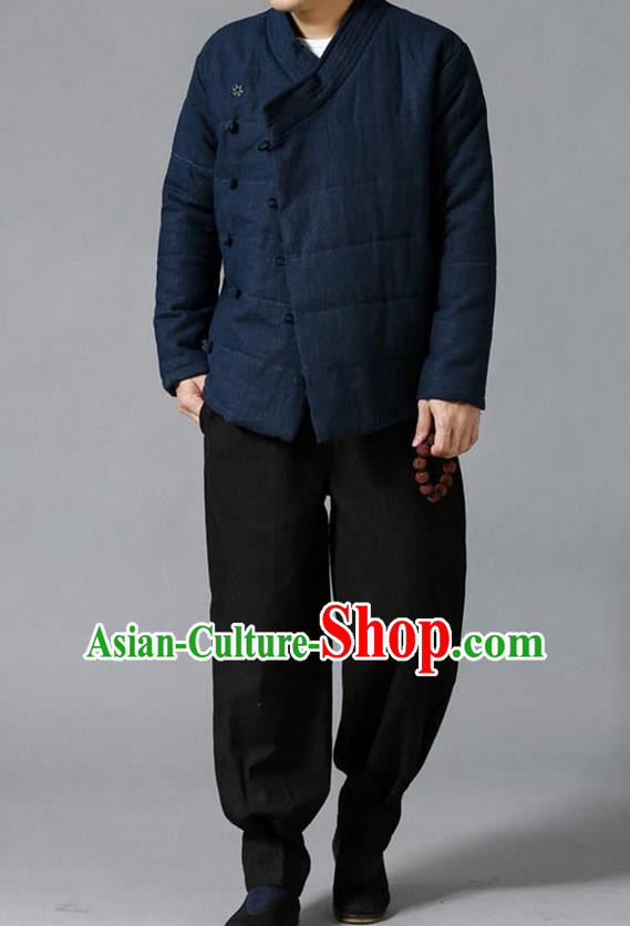 Traditional Top Chinese National Tang Suits Linen Slant Opening Costume, Martial Arts Kung Fu Navy Overcoat, Chinese Kung fu Plate Buttons Upper Outer Garment Jacket, Chinese Taichi Thin Cotton-Padded Coats Wushu Clothing for Men