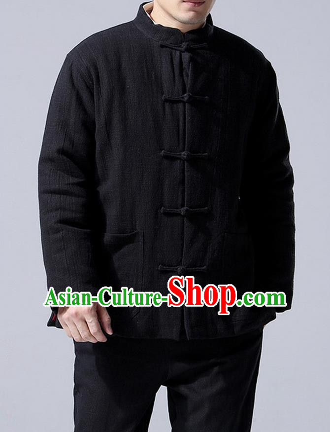 Traditional Top Chinese National Tang Suits Linen Front Opening Costume, Martial Arts Kung Fu Black Overcoat, Chinese Kung fu Plate Buttons Upper Outer Garment Jacket, Chinese Taichi Thin Cotton-Padded Coats Wushu Clothing for Men