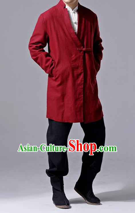 Traditional Top Chinese National Tang Suits Linen Slant Opening Costume, Martial Arts Kung Fu Red Overcoat, Chinese Kung fu Plate Buttons Upper Outer Garment Jacket, Chinese Taichi Thin Dust Coats Wushu Clothing for Men