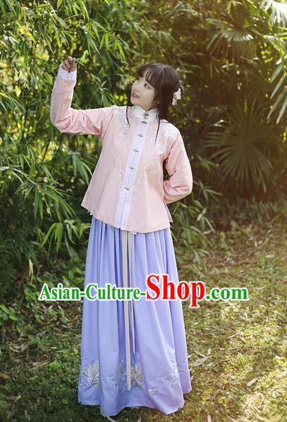 Traditional Ancient Chinese Female Costume Dress and Blouse Complete Set, Elegant Hanfu Clothing Chinese Ming Dynasty Palace Lady Embroidered Paeonia Lactiflora Clothing for Women
