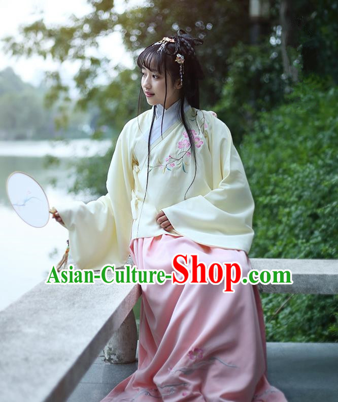 Traditional Ancient Chinese Female Costume Blouse and Dress Complete Set, Elegant Hanfu Clothing Chinese Ming Dynasty Palace Lady Embroidered Peach Blossom Clothing for Women