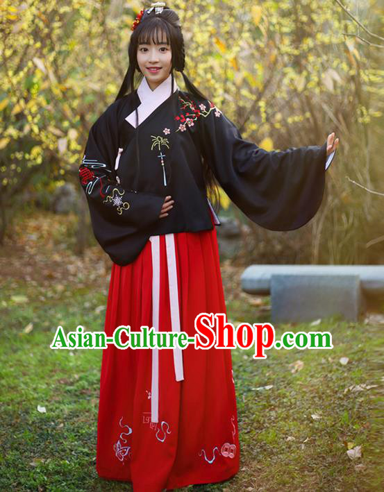 Traditional Ancient Chinese Female Costume Blouse and Dress Complete Set, Elegant Hanfu Clothing Chinese Ming Dynasty Palace Lady Embroidered Plum Blossom Clothing for Women