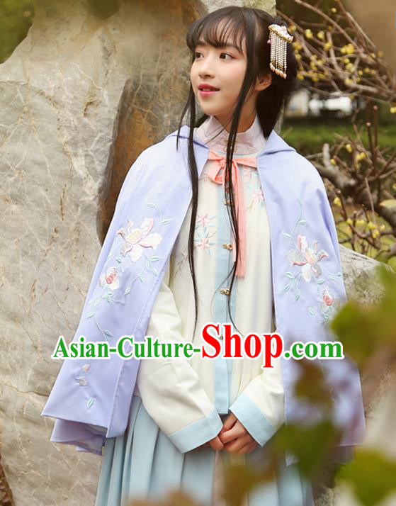 Traditional Ancient Chinese Female Costume Cardigan, Elegant Hanfu Short Cloak Chinese Ming Dynasty Palace Lady Embroidered Paeonia Lactiflora Hooded Cape Clothing for Women