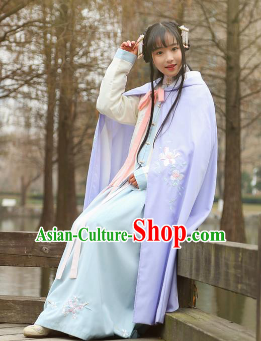 Traditional Ancient Chinese Female Costume Cardigan, Elegant Hanfu Long Cloak Chinese Ming Dynasty Palace Lady Embroidered Paeonia Lactiflora Hooded Cape Clothing for Women