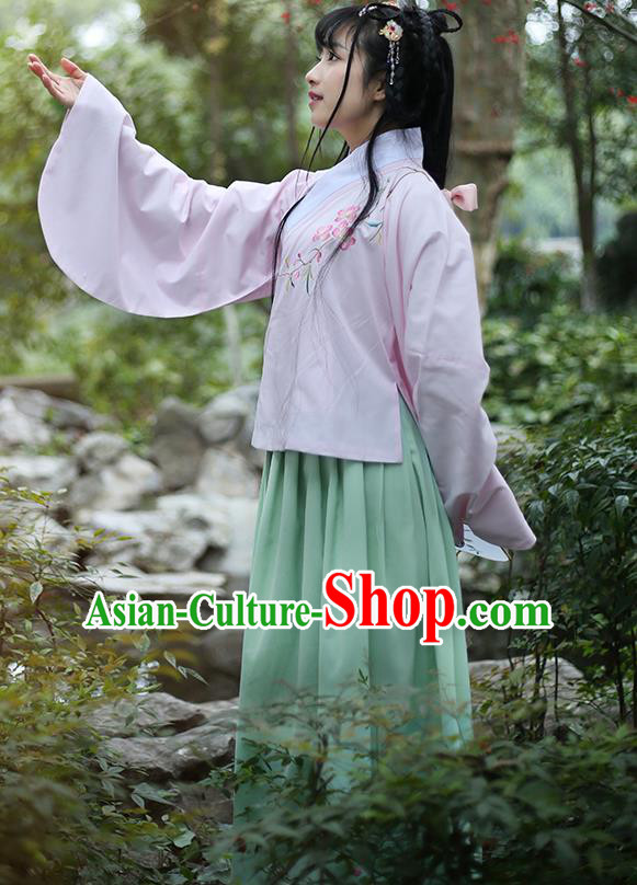 Traditional Ancient Chinese Female Costume Blouse and Skirt Complete Set, Elegant Hanfu Clothing Chinese Ming Dynasty Palace Lady Embroidered Peach Blossom Pink Clothing for Women