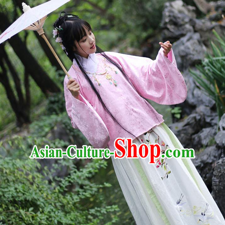 Traditional Ancient Chinese Female Costume Blouse and Skirt Complete Set, Elegant Hanfu Clothing Chinese Ming Dynasty Palace Lady Embroidered Begonia Crane Clothing for Women