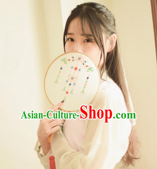 Traditional Ancient Chinese Palace Lady Embroidered Jasmine Flower Dance Round Fans for Women