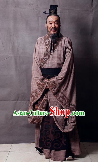 Traditional Ancient Chinese Imperial Minister Costume and Hat Complete Set, Elegant Hanfu Orphrey Dress Chinese Qin Dynasty Imperial Courtiers Embroidered Robes for Men