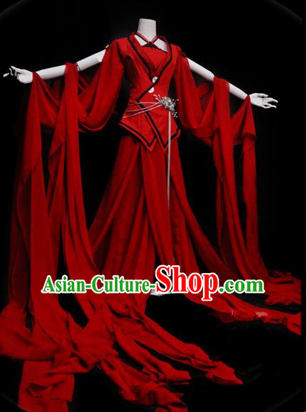 Traditional Asian Chinese Ancient Palace Princess Costume, Elegant Hanfu Red Water Sleeve Dance Dress, Chinese Imperial Princess Tailing Clothing, Chinese Cosplay Fairy Princess Empress Queen Cosplay Costumes for Women