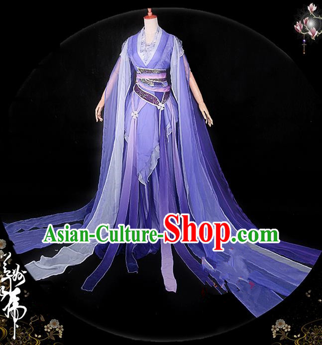 Traditional Asian Chinese Ancient Palace Princess Costume, Elegant Hanfu Violet Water Sleeve Dance Dress, Chinese Imperial Princess Tailing Embroidered Clothing, Chinese Cosplay Fairy Princess Empress Queen Cosplay Costumes for Women