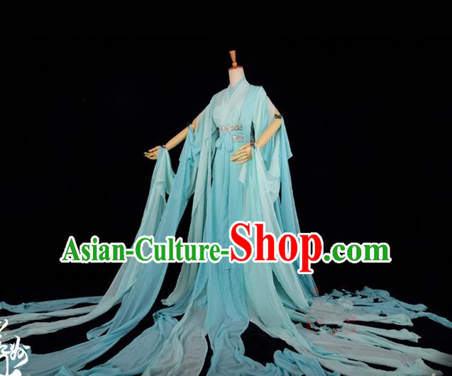 Traditional Asian Chinese Ancient Palace Princess Costume, Elegant Hanfu Water Sleeve Light Green Dress, Chinese Imperial Princess Tailing Clothing, Chinese Fairy Princess Empress Queen Cosplay Costumes for Women