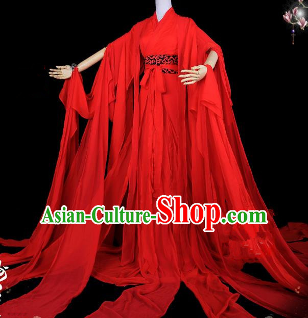 Traditional Asian Chinese Ancient Palace Princess Costume, Elegant Hanfu Water Sleeve Red Dress, Chinese Imperial Princess Tailing Red Clothing, Chinese Fairy Princess Empress Queen Cosplay Costumes for Women
