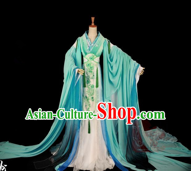 Traditional Asian Chinese Ancient Palace Princess Costume, Elegant Hanfu Wide Sleeve Light Blue Dress, Chinese Imperial Princess Tailing Clothing, Chinese Fairy Princess Empress Queen Cosplay Costumes for Women