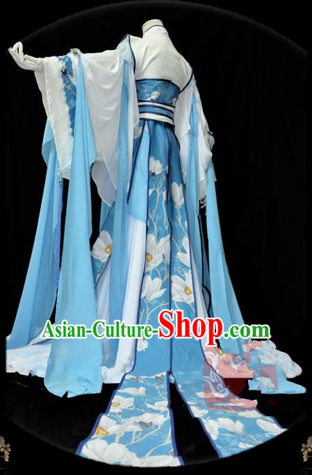 Traditional Asian Chinese Ancient Palace Princess Costume, Elegant Hanfu Blue Dress, Chinese Imperial Princess Tailing Embroidered Clothing, Chinese Cosplay Fairy Princess Empress Queen Cosplay Costumes for Women