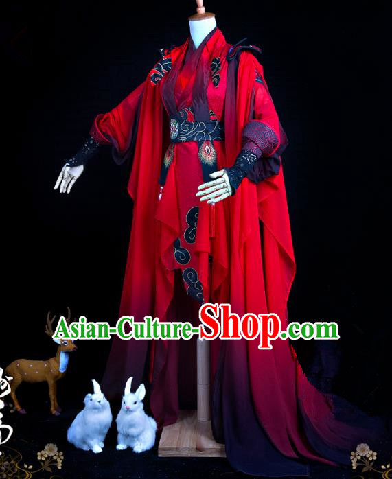 Traditional Ancient Chinese Swordsman Costume, Elegant Hanfu Cosplay Fairy Red Wedding Dress Chinese Han Dynasty Imperial Empress Embroidered Flowers Tailing Clothing for Women