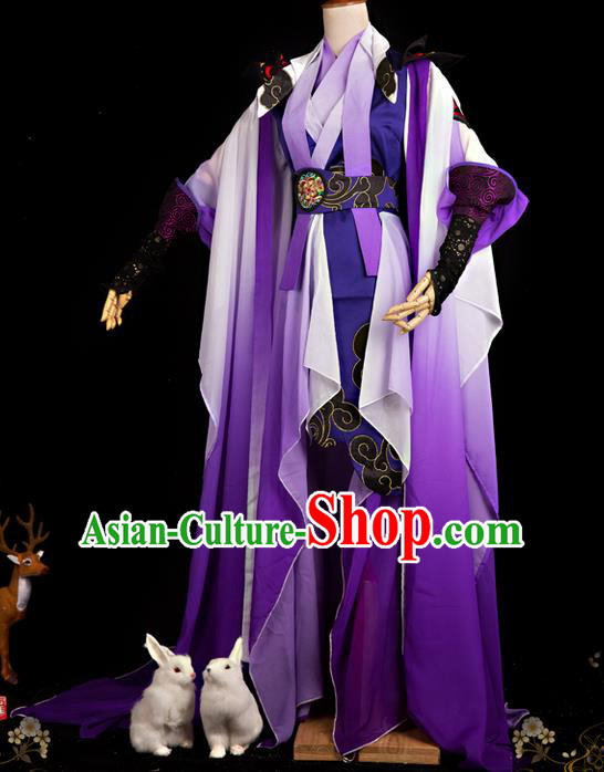 Traditional Ancient Chinese Swordsman Costume, Elegant Hanfu Cosplay Fairy Purple Dress Chinese Han Dynasty Imperial Empress Embroidered Tailing Clothing for Women