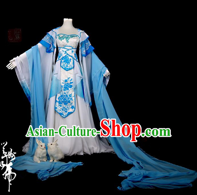 Traditional Ancient Chinese Swordsman Costume, Elegant Hanfu Cosplay Fairy Blue Water Sleeve Dress Chinese Han Dynasty Imperial Empress Embroidered Tailing Clothing for Women