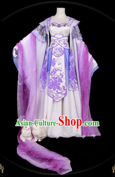 Traditional Ancient Chinese Swordsman Costume, Elegant Hanfu Cosplay Fairy Purple Wide Sleeve Dress Chinese Han Dynasty Imperial Empress Embroidery Tailing Clothing for Women