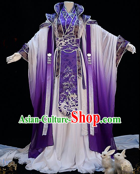 Traditional Ancient Chinese Palace Queen Costume, Elegant Hanfu Cosplay Fairy Purple Wide Sleeve Dress Chinese Han Dynasty Imperial Empress Embroidery Tailing Clothing for Women