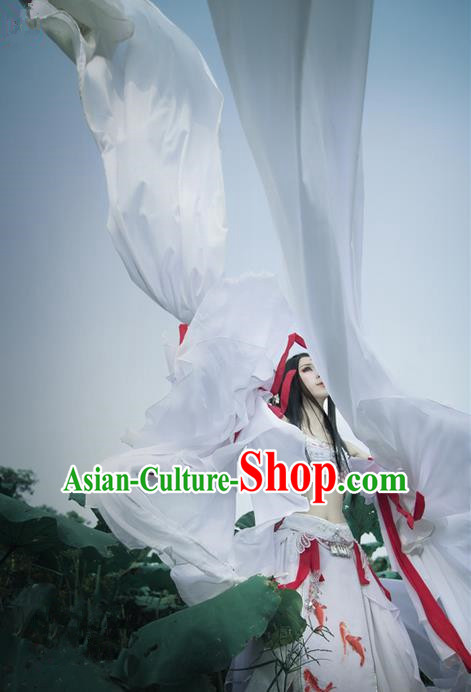 Traditional Ancient Chinese Palace Queen Costume, Elegant Hanfu Cosplay Fairy Water Sleeve Dance Dress Chinese Han Dynasty Imperial Empress Printing Carp Tailing Clothing for Women