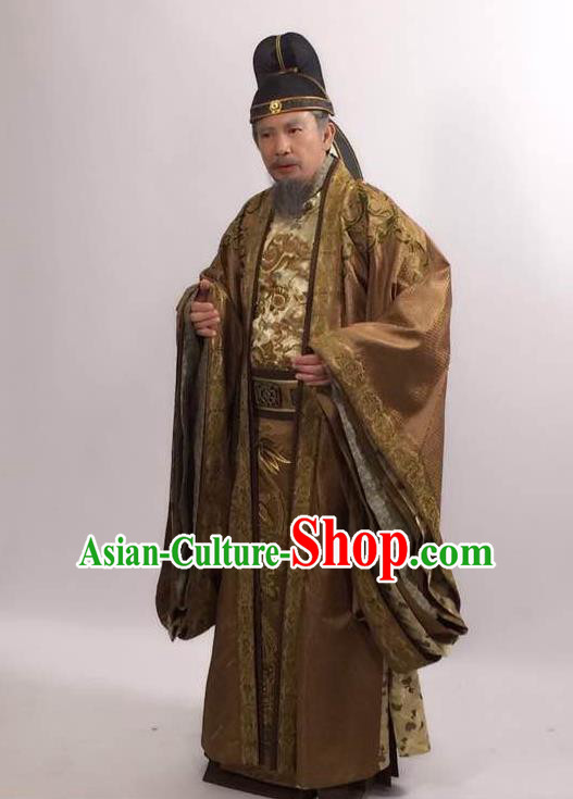 Traditional Ancient Chinese Imperial Emperor Costume and Hat Complete Set, Elegant Hanfu Palace King Robe, Chinese Tang Dynasty Majesty Embroidered Dragon Clothing for Men