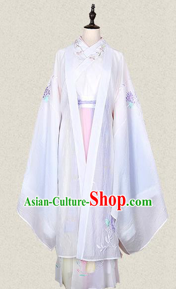 Traditional Ancient Chinese Female Costume Wide Sleeve Cardigan Blouse and Dress Complete Set, Elegant Hanfu Clothing Chinese Tang Dynasty Palace Lady Embroidered White Cassiae Clothing for Women