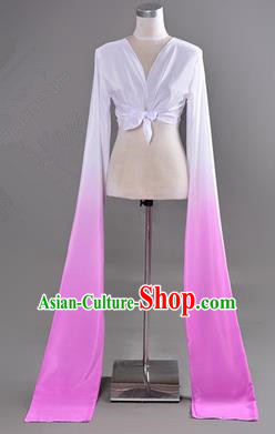 Traditional Chinese Long Sleeve Water Sleeve Dance Suit China Folk Dance Koshibo Long White and Lilac Gradient Ribbon for Women