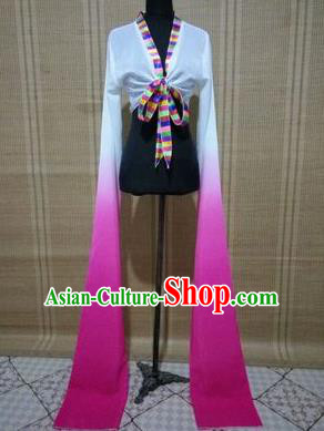 Traditional Chinese Long Sleeve Tibetan Nationality Water Sleeve Dance Suit China Folk Dance Koshibo Long White and Rose Gradient Ribbon for Women