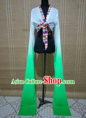 Traditional Chinese Long Sleeve Tibetan Nationality Water Sleeve Dance Suit China Folk Dance Koshibo Long White and Green Gradient Ribbon for Women