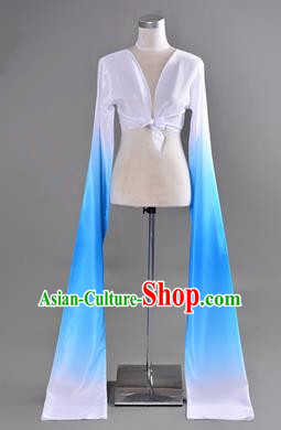 Traditional Chinese Long Sleeve Water Sleeve Dance Suit China Folk Dance Koshibo Long White and Blue Red Gradient Ribbon for Women