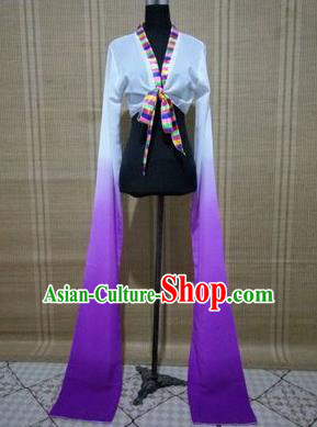 Traditional Chinese Long Sleeve Tibetan Nationality Water Sleeve Dance Suit China Folk Dance Koshibo Long White and Purple Gradient Ribbon for Women