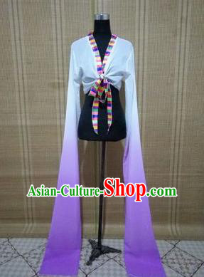 Traditional Chinese Long Sleeve Tibetan Nationality Water Sleeve Dance Suit China Folk Dance Koshibo Long White and Lilac Gradient Ribbon for Women