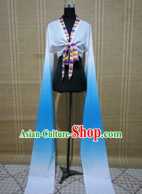 Traditional Chinese Long Sleeve Tibetan Nationality Water Sleeve Dance Suit China Folk Dance Koshibo Long White and Blue Gradient Ribbon for Women