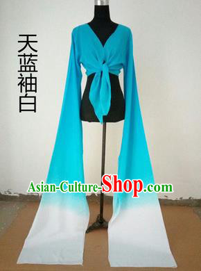 Traditional Chinese Long Sleeve Wide Water Sleeve Dance Suit China Folk Dance Koshibo Long White and Blue Gradient Ribbon for Women