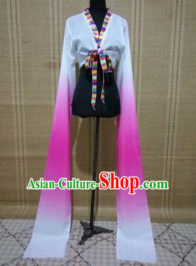 Traditional Chinese Long Sleeve Tibetan Nationality Water Sleeve Dance Suit China Folk Dance Koshibo Long White and Pink Gradient Ribbon for Women