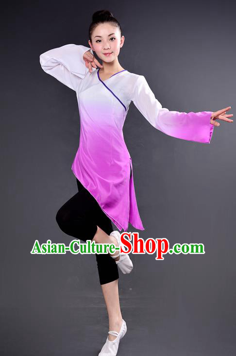 Traditional Chinese Yangge Fan Dancing Costume, China Folk Dance Yangko Dance Lilac Dress For Women