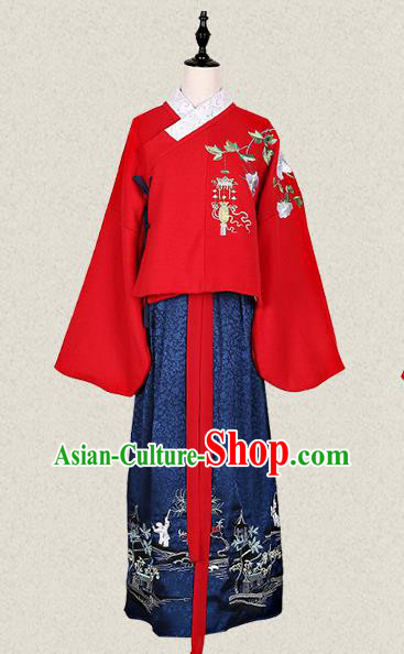 Traditional Ancient Chinese Female Costume Woolen Blouse and Skirt Complete Set, Elegant Hanfu Clothing Chinese Ming Dynasty Palace Lady Embroidered Begonia Crane Clothing for Women