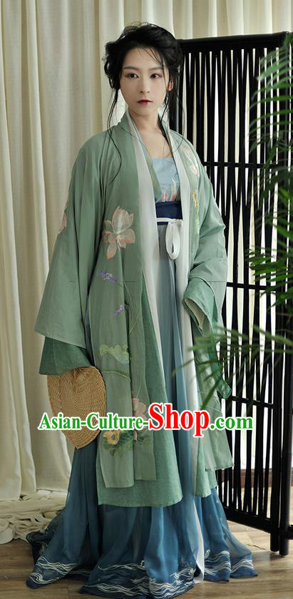 Traditional Ancient Chinese Female Costume Blouse and Dress Cappa Complete Set, Elegant Hanfu Clothing Chinese Tang Dynasty Palace Princess Embroidered Lotus Clothing for Women