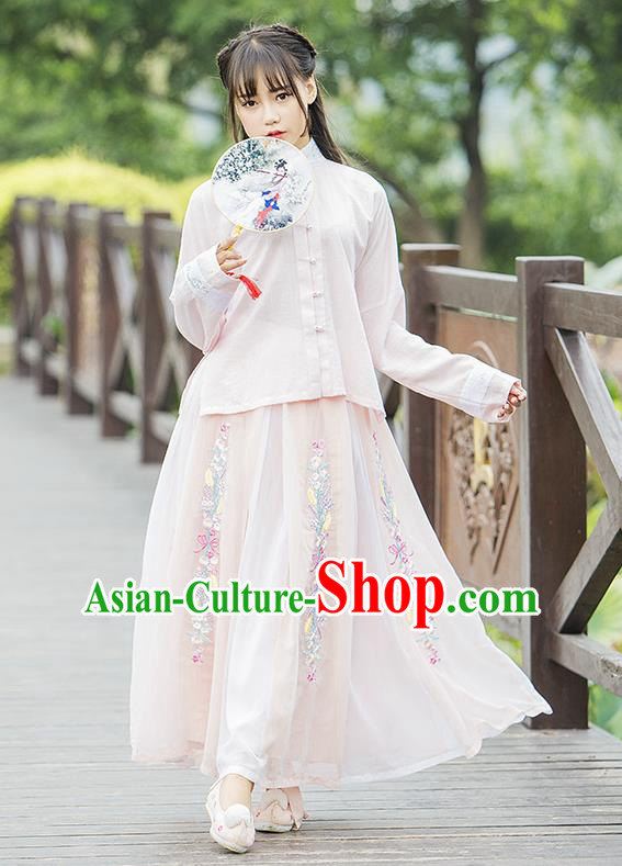 Traditional Ancient Chinese Female Costume Pink Blouse and Dress Complete Set, Elegant Hanfu Clothing Chinese Ming Dynasty Palace Princess Embroidered Swallow Clothing for Women