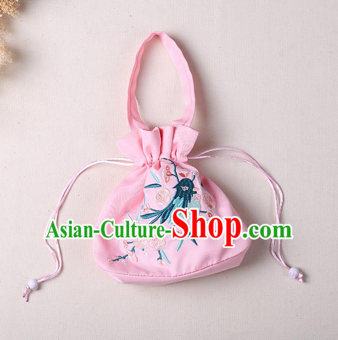 Traditional Ancient Chinese Embroidered Handbags Embroidered Bird Flowers Round Pink Bag for Women