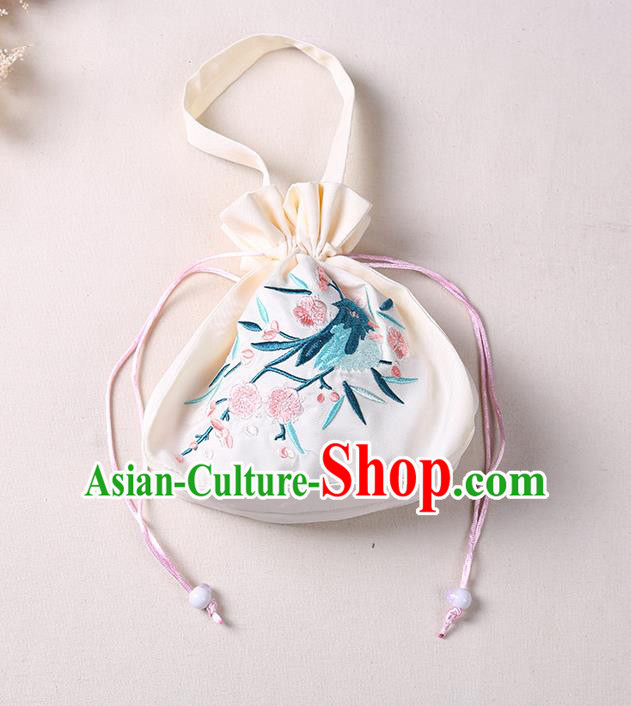 Traditional Ancient Chinese Embroidered Handbags Hanfu Embroidered Bird Flowers Round Beige Bag for Women