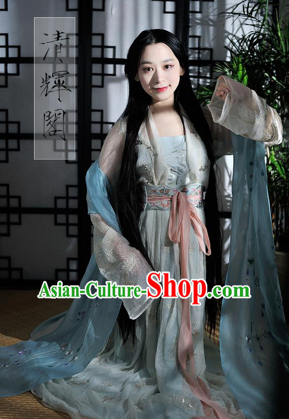 Traditional Ancient Chinese Female Costume Blouse and Dress Complete Set, Elegant Hanfu Clothing Chinese Song Dynasty Imperial Empress Embroidered Crane Clothing for Women